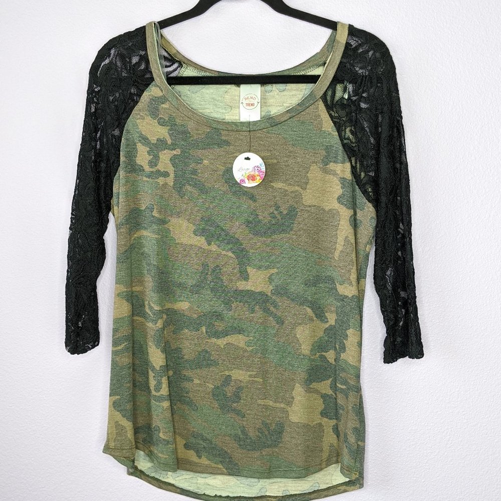 Lace & Camo Blouse, Size Large